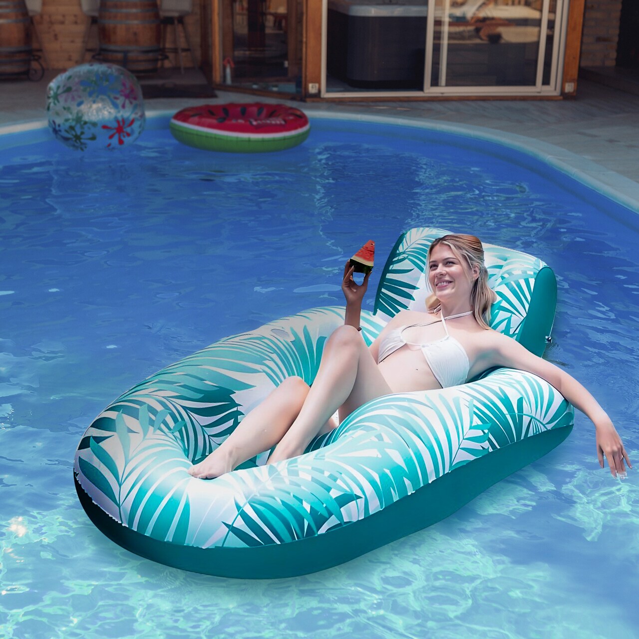 1 Inflatable Pool Lounger Float for Adults Supports 300 lbs with Cup Holder Headrest and Footrest
